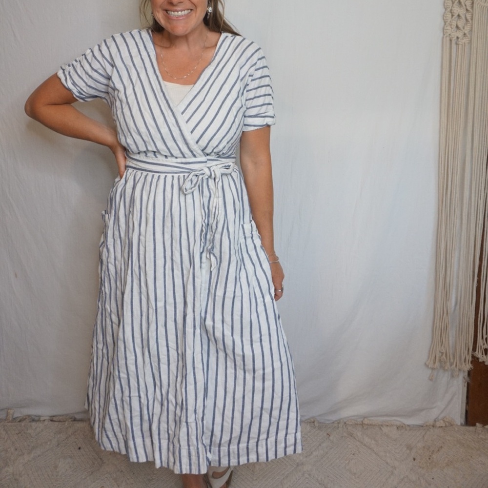 GAP White and Blue A-Line Midi Wrap Dress linen cotton blend size 8